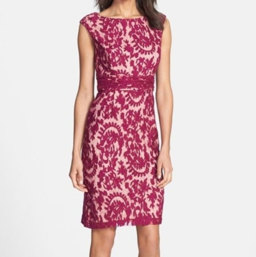 Adrianna Papell Berry Sheath Mini Dress w Lace Overlay & Cap Sleeves Sz 8